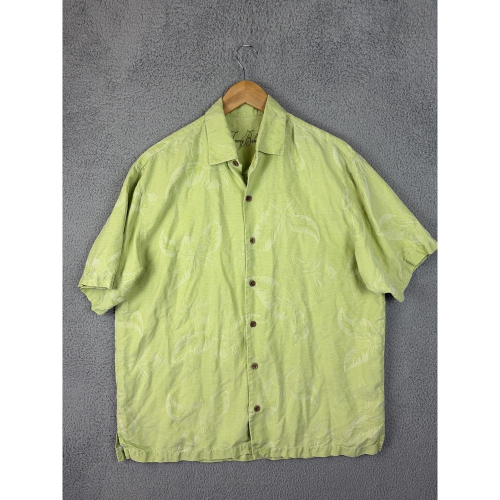 Tommy Bahama Shirt Mens Large Green Silk Floral Hawaiian Short Sleeve Camp Mens